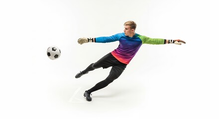 Fototapeta premium Action Soccer Goalkeeper Leaping with Ball in Colorful Jersey on White