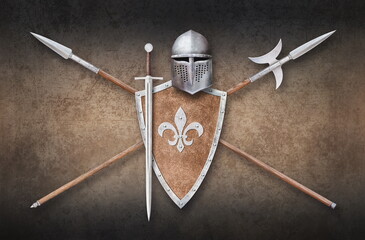 helmet shield sword and two crossed lances on grunge background