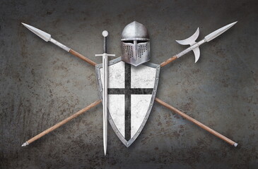 helmet shield sword and two lances on grunge background