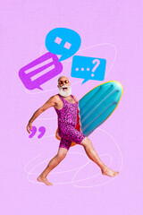 Composite artwork photo collage template sketch of summer season voyage holiday rest aged man walk smile hold surfboard chatting message