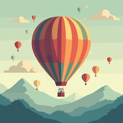 Colorful hot air balloons floating over mountains in a pastel sky  