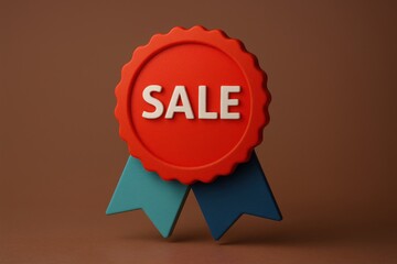 Vibrant Red Sale Badge with Ribbons for Product Promotion and Special Offers in a Modern 3D Rendering Style
