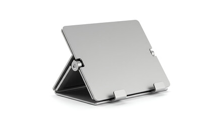 A contemporary tablet stand featuring a minimalist design crafted from sleek silver metal, showcasing a clean and functional aesthetic.