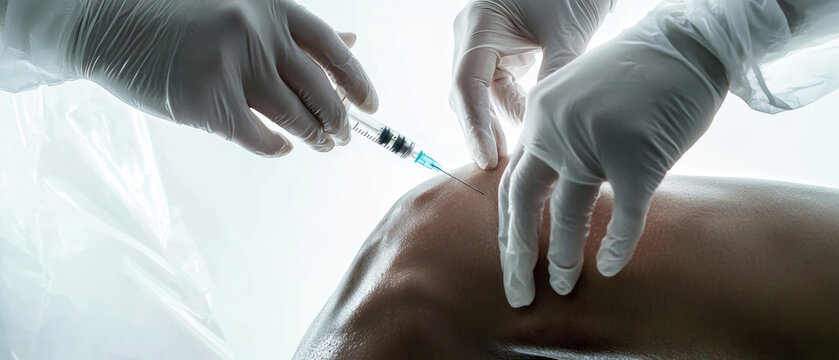 Doctor administering injection with futuristic syringe technique on patient’s knee in a clean medical environment