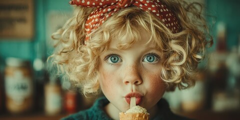Curly-haired child enjoys ice cream treat in colorful cafe on a sunny afternoon