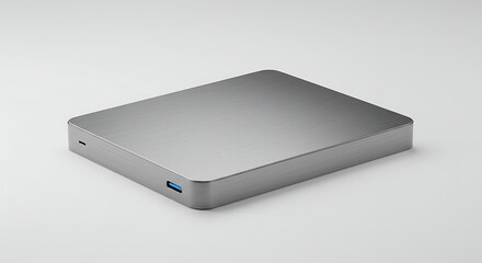 A sleek, silver external hard drive against a plain backdrop. The hard drive's metallic finish gleams subtly, highlighting its minimalist design. It's a picture of modern technology.