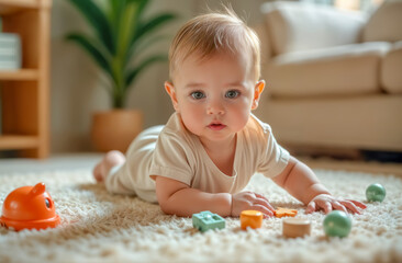 Baby explores colorful toys on a soft rug in a cozy living room during daylight hours