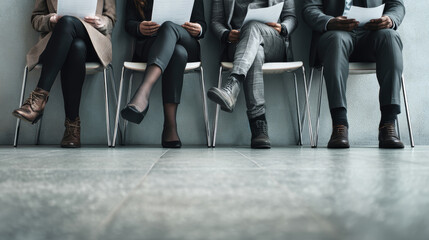 Job applicants waiting in office lobby with documents, showcasing professional attire and anticipation