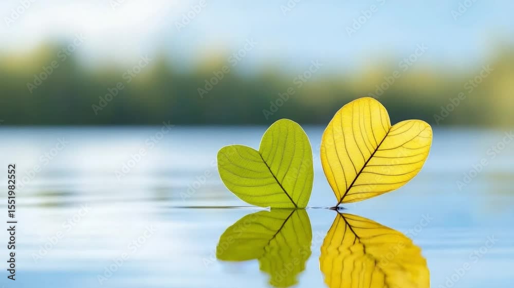 Poster two leaves in heart shape: the image depicts two leaves, one green and one yellow, artfully arranged