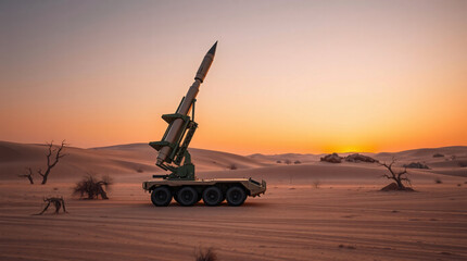 Ballistic missile ready for launch on mobile platform in remote desert location
