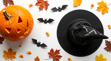 Halloween decorations pumpkin witch hat bats candy corn and autumn leaves on white background flat lay top view
