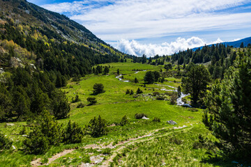 Artounant stream meandering through the Pla d&rsquo;Artounant plateau in spring