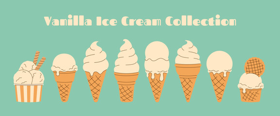 Large summer Vanilla Ice Cream Clipart set, Collection. Soft white gelato, melted scoop in waffle cone on blue background. Isolated Hand drawn flat Vector illustration EPS10 
