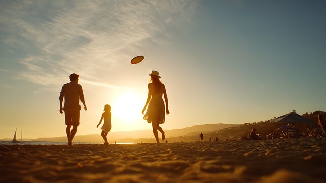 Family on Beach Plays Frisbee at Sunset