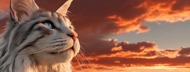 Obraz premium Beautiful cat with blue eyes gazing at the magical sky amidst an enchanting forest in a stunning oil painting style