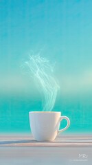 White Coffee Cup with Swirling Steam Against Teal Background