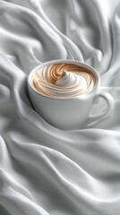 White Coffee Cup with Whipped Cream on Soft Gray Fabric
