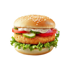 Delicious Crispy Chicken Burger with Sesame Seed Bun, Fresh Vegetables, and Creamy Sauce