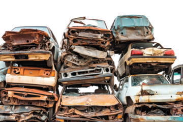 Old Rusty Junk Cars Stacked in Scrap Yard isolated on transparent white background, clipping path