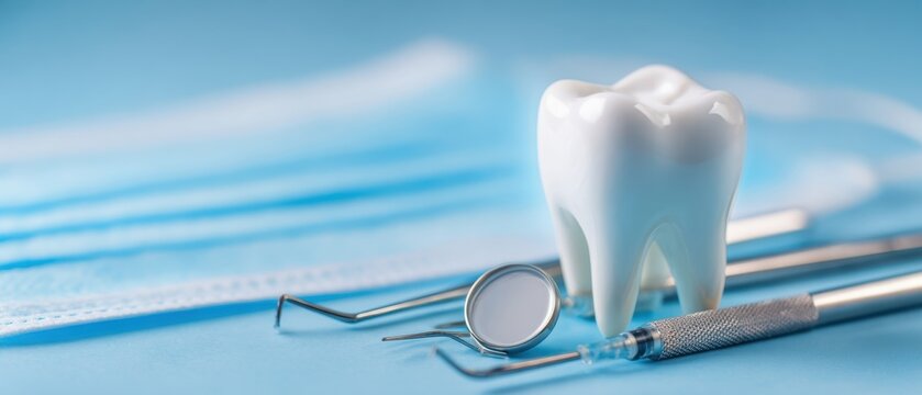 The essential dental tools and a healthy tooth on a blue background.
