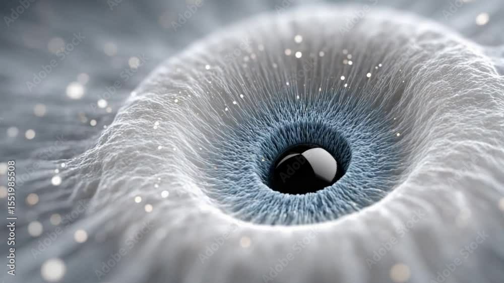 Poster Abstract Eye: Intriguing abstract close-up of a stylized eye, featuring delicate, fiber-like structures and sparkling particles, suggesting depth and mystery.