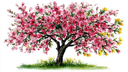 Fototapeta premium Cherry blossom tree on the shore of an island showcasing vibrant blooms in a tranquil setting during springtime in a watercolor style