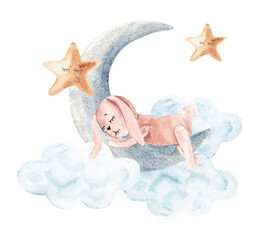 Watercolor cute rabbit sleeps on moon with clouds and stars. Hand drawn illustration in vintage style.