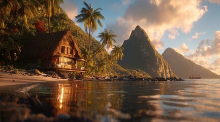 Cinematic view of an old wooden hut on a tropical beach with palm trees and mountains in the background during a bright sunny day