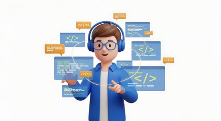 Programmer Working with Code on Multiple Screens Wearing Headphones