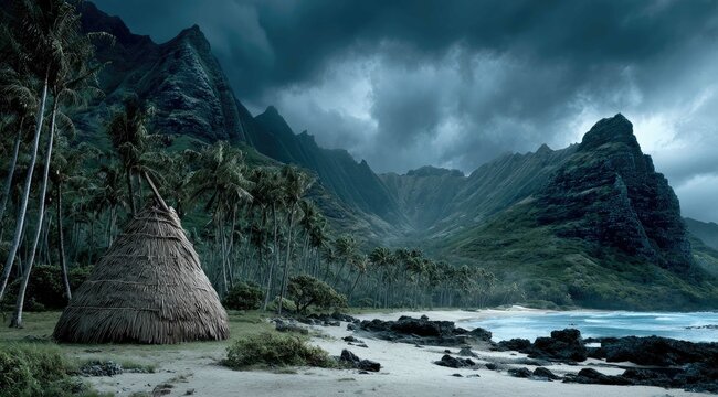 Cinematic view of an old wooden hut on a tropical beach with palm trees and mountains in the background during a bright sunny day - Powered by Adobe