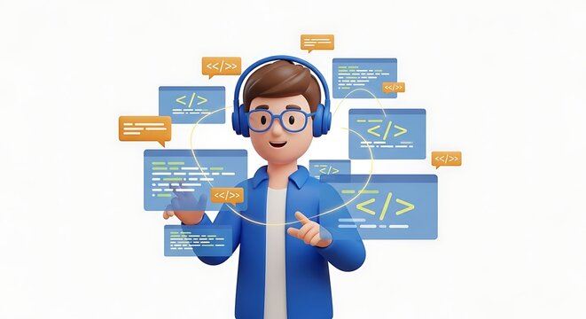 Programmer Working with Code on Multiple Screens Wearing Headphones