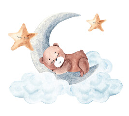 Watercolor cute Teddy Bear sleeps on moon with clouds and stars. Hand drawn good night illustration in vintage style.