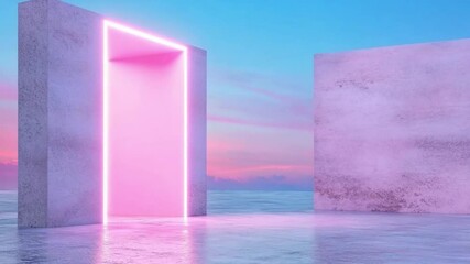 Neon Gateway: A glowing neon gateway, framed by minimalist geometric shapes against a serene and vibrant pastel sky, creating a sense of futuristic elegance and open possibility. - Powered by Adobe