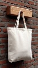 White Cotton Tote Bag Mockup Hanging on Brick Wall