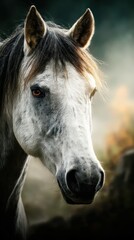 Obraz premium Beautiful white horse gazes into the distance in a serene landscape during the golden hour light