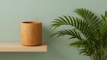Wooden Vase and Palm Tree: A minimalistic interior composition presents a natural wooden vase gracefully poised on a shelf, complemented by a lush, vibrant green palm.