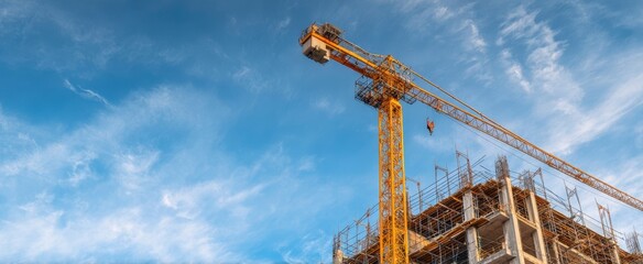 The towering crane overseeing a bustling construction site under a bright blue sky.