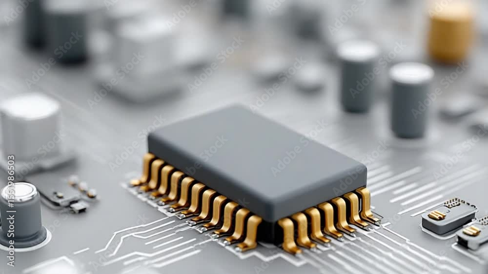 Poster Microchip on Circuit Board: A close-up shot reveals the intricate details of a microchip nestled securely on a circuit board, showcasing its gold connectors and sophisticated design. 
