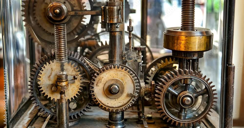 Wall mural close-up of intricate clockwork mechanism with gears and cogwheels rotating.