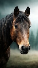 Obraz premium Majestic brown horse stands serene in misty forest during early morning hours