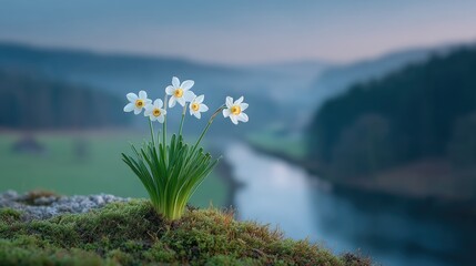 White Daffodils on Mossy Rock overlooking Serene River Valley at Dawn