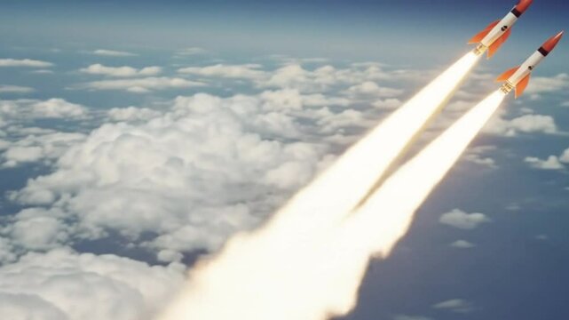 Rockets launching towards the sky over the clouds