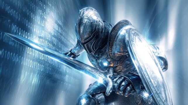 The armored knight wielding a sword in a digital futuristic landscape.