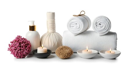 Spa Treatment Still Life with Candles and Rolled Towels