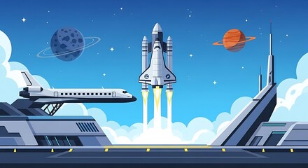 Space Shuttle Launching with Other Spaceships and Planets