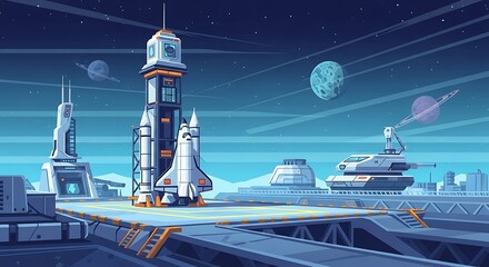 Space Shuttle on Launchpad Futuristic Cityscape with Planets
