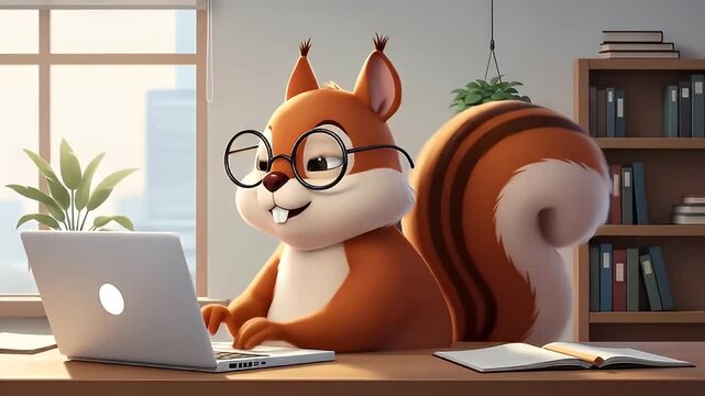 Cartoon squirrel using laptop at work desk