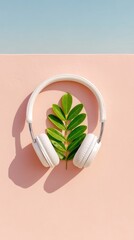 White Headphones and Green Leaf on Pink Background