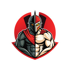 Powerful half Spartan warrior and modern gym athlete hybrid logo design, fitness emblem, strong sports icon, warrior strength, athletic fitness branding, gym and warrior fusion