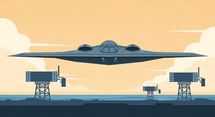 Stealth Aircraft Flying Over Coastal Structures Illustration